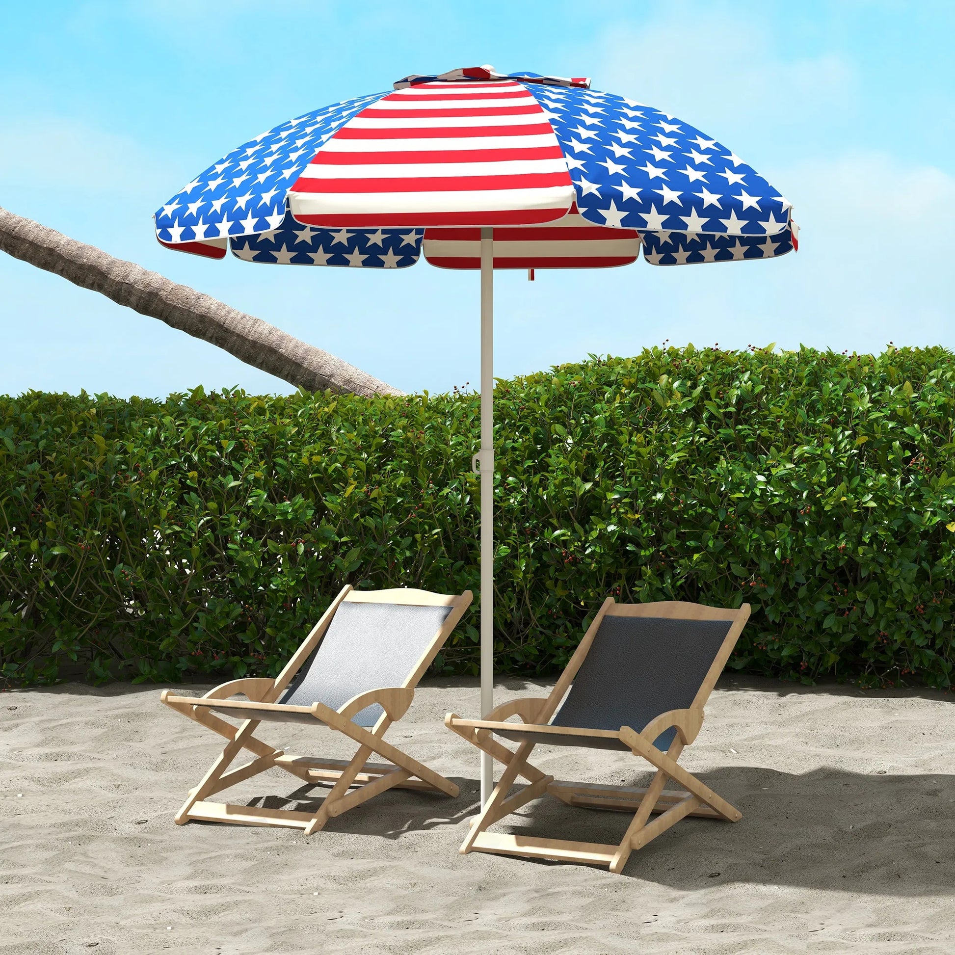 Oaken Sky Shores 5.7' American Flag Beach Umbrella
Portable 5.7' umbrella with tilt, vent, and flounce. UV-resistant American Flag pattern. Easy to carry for beach trips.