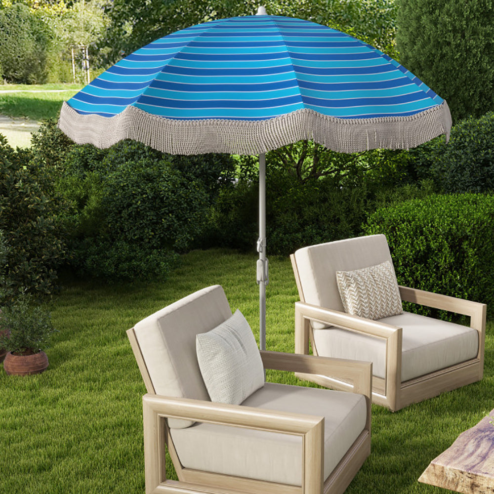 Oaken Sky Shores 6.5' Fringed Beach Umbrella
Portable 6.5' beach umbrella with UV-resistant canopy, tassel fringe, and push-button tilt. Easy to set up for beach trips, includes carry bag.