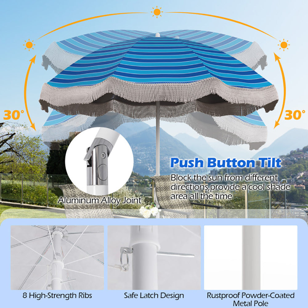 Oaken Sky Shores 6.5' Fringed Beach Umbrella
Portable 6.5' beach umbrella with UV-resistant canopy, tassel fringe, and push-button tilt. Easy to set up for beach trips, includes carry bag.