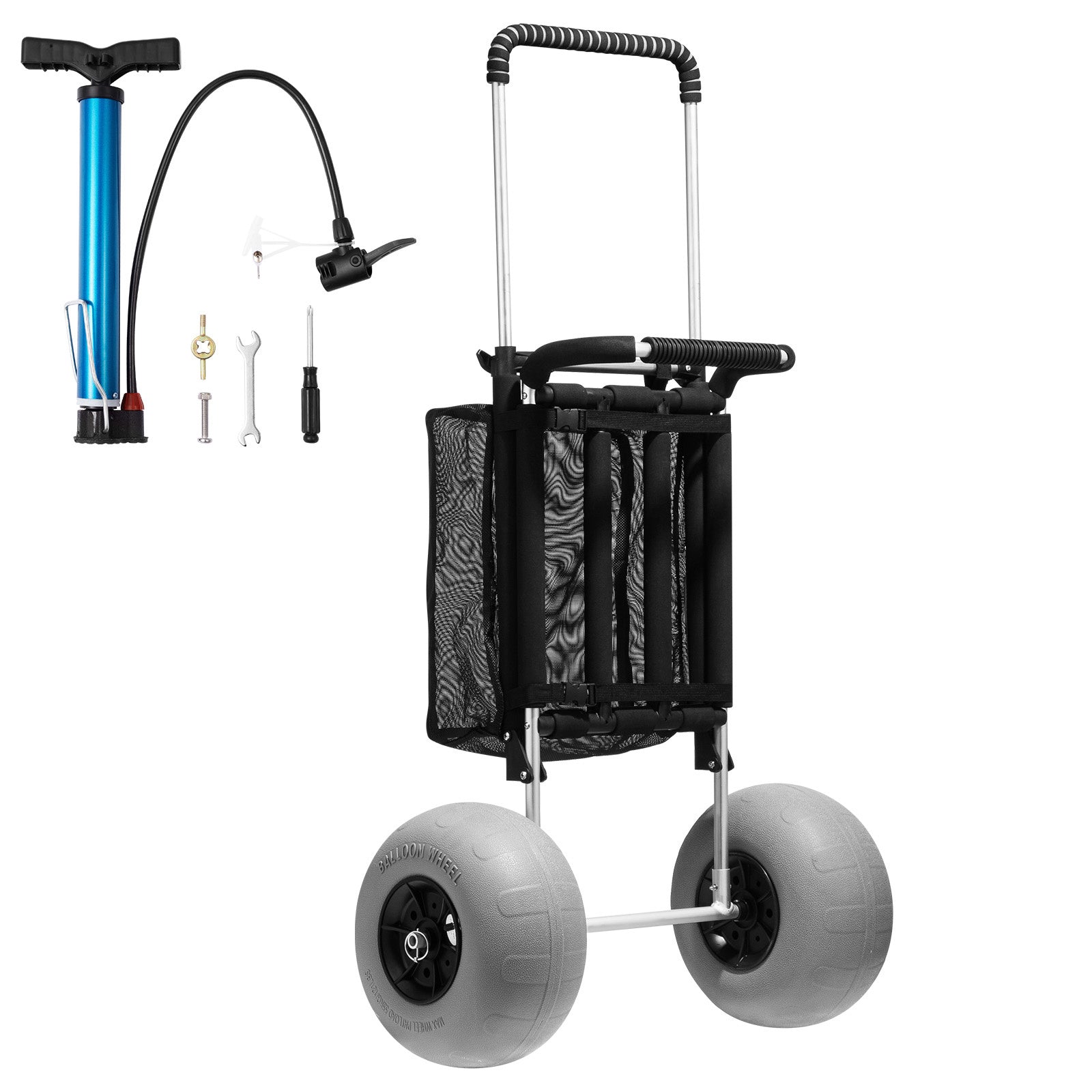 Oaken Sky Shores presents the VEVOR Beach Cart: Haul up to 165 lbs with ease on sand! This folding cart boasts a roomy deck, TPU balloon wheels, and adjustable height in durable aviation aluminum. Perfect for picnics, fishing, or beach trips.