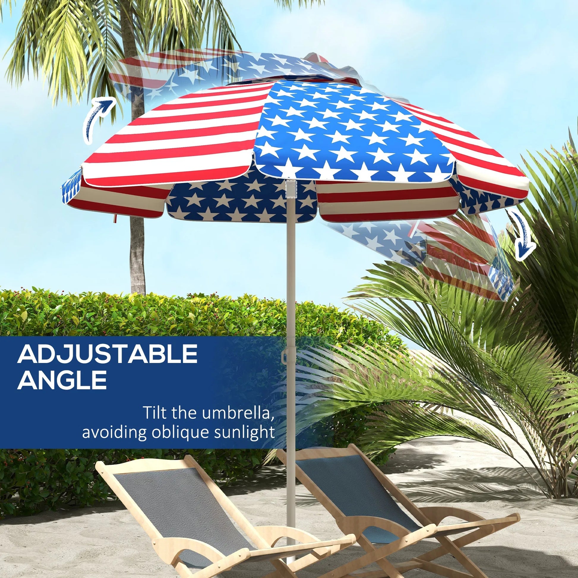 Oaken Sky Shores 5.7' American Flag Beach Umbrella
Portable 5.7' umbrella with tilt, vent, and flounce. UV-resistant American Flag pattern. Easy to carry for beach trips.