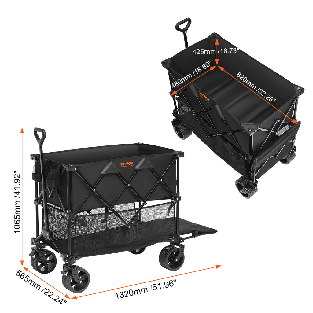 Oaken Sky Shores VEVOR Foldable Double Decker Beach Wagon: 400L, 450-lb capacity. All-terrain wheels glide on sand. Rust-resistant frame, waterproof 600D fabric. Foldable, with adjustable handle & side pockets. Ideal for beach trips.