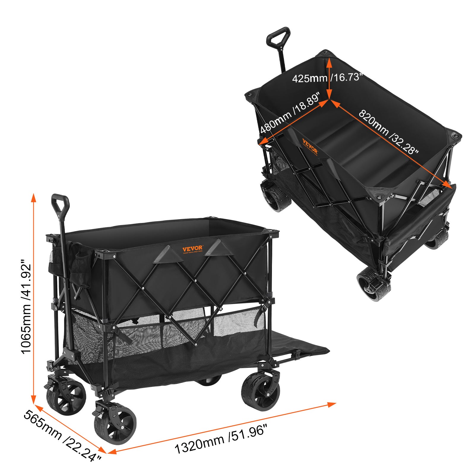 Oaken Sky Shores VEVOR Foldable Double Decker Beach Wagon: 400L, 450-lb capacity. All-terrain wheels glide on sand. Rust-resistant frame, waterproof 600D fabric. Foldable, with adjustable handle & side pockets. Ideal for beach trips.