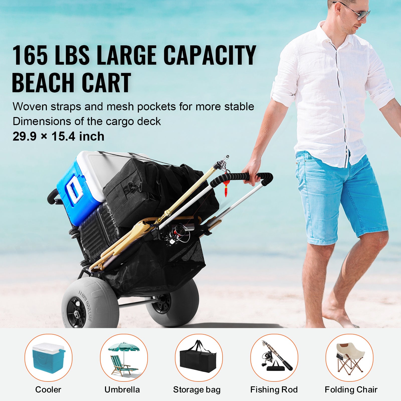 Oaken Sky Shores presents the VEVOR Beach Cart: Haul up to 165 lbs with ease on sand! This folding cart boasts a roomy deck, TPU balloon wheels, and adjustable height in durable aviation aluminum. Perfect for picnics, fishing, or beach trips.
