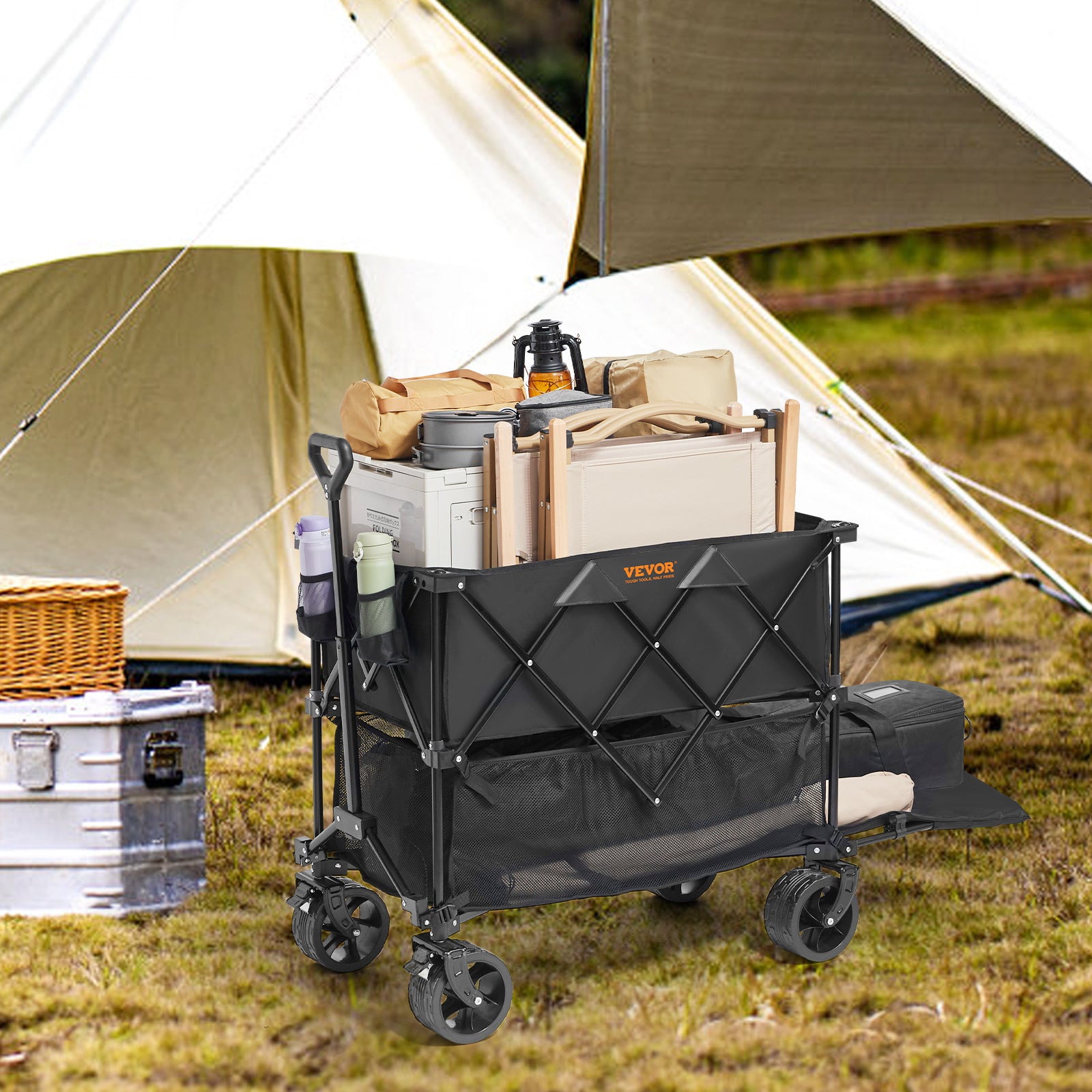 Oaken Sky Shores VEVOR Foldable Double Decker Beach Wagon: 400L, 450-lb capacity. All-terrain wheels glide on sand. Rust-resistant frame, waterproof 600D fabric. Foldable, with adjustable handle & side pockets. Ideal for beach trips.