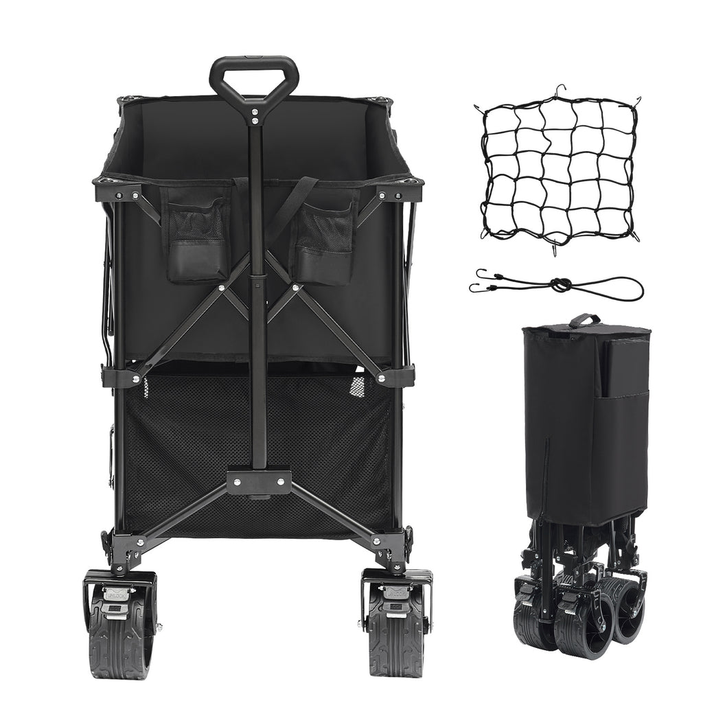 Oaken Sky Shores VEVOR Foldable Double Decker Beach Wagon: 400L, 450-lb capacity. All-terrain wheels glide on sand. Rust-resistant frame, waterproof 600D fabric. Foldable, with adjustable handle & side pockets. Ideal for beach trips.