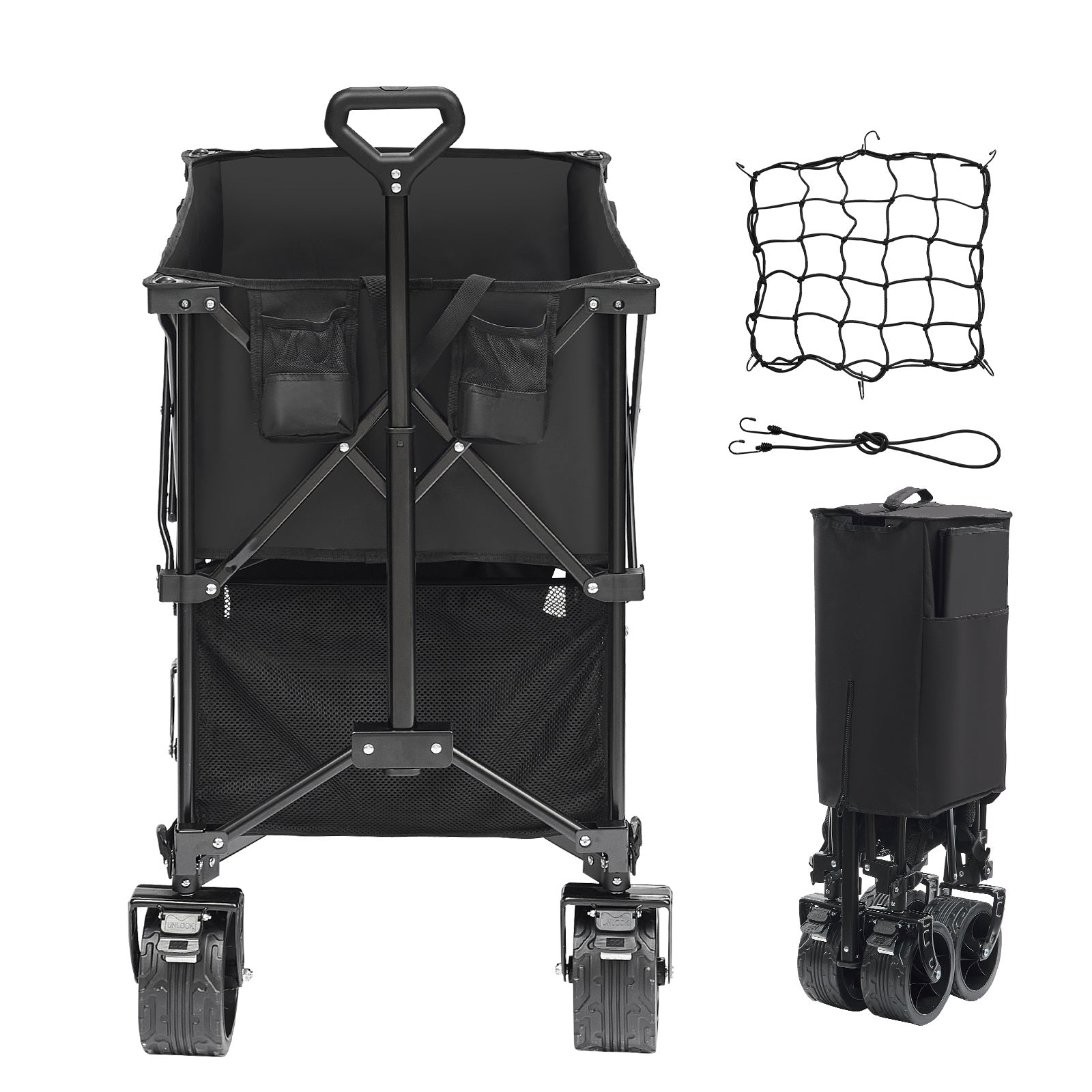 Oaken Sky Shores VEVOR Foldable Double Decker Beach Wagon: 400L, 450-lb capacity. All-terrain wheels glide on sand. Rust-resistant frame, waterproof 600D fabric. Foldable, with adjustable handle & side pockets. Ideal for beach trips.