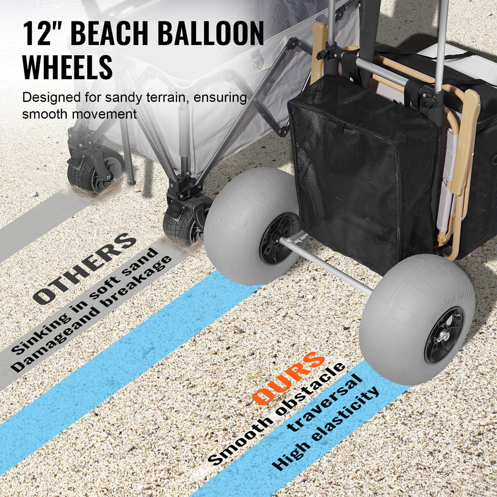 Oaken Sky Shores presents the VEVOR Beach Cart: Haul up to 165 lbs with ease on sand! This folding cart boasts a roomy deck, TPU balloon wheels, and adjustable height in durable aviation aluminum. Perfect for picnics, fishing, or beach trips.