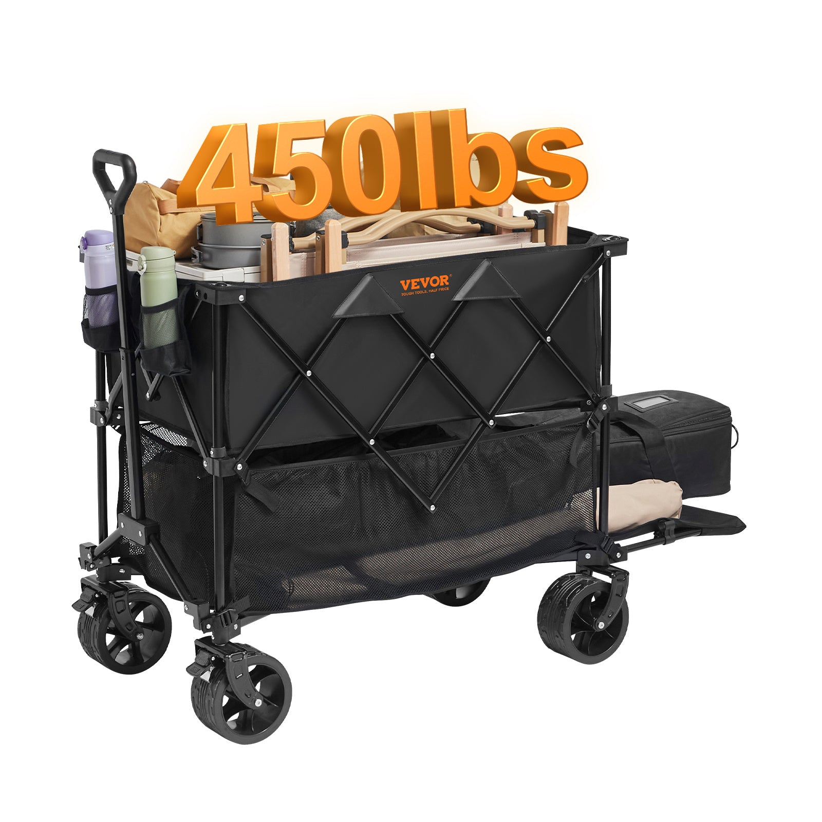 Oaken Sky Shores VEVOR Foldable Double Decker Beach Wagon: 400L, 450-lb capacity. All-terrain wheels glide on sand. Rust-resistant frame, waterproof 600D fabric. Foldable, with adjustable handle & side pockets. Ideal for beach trips.