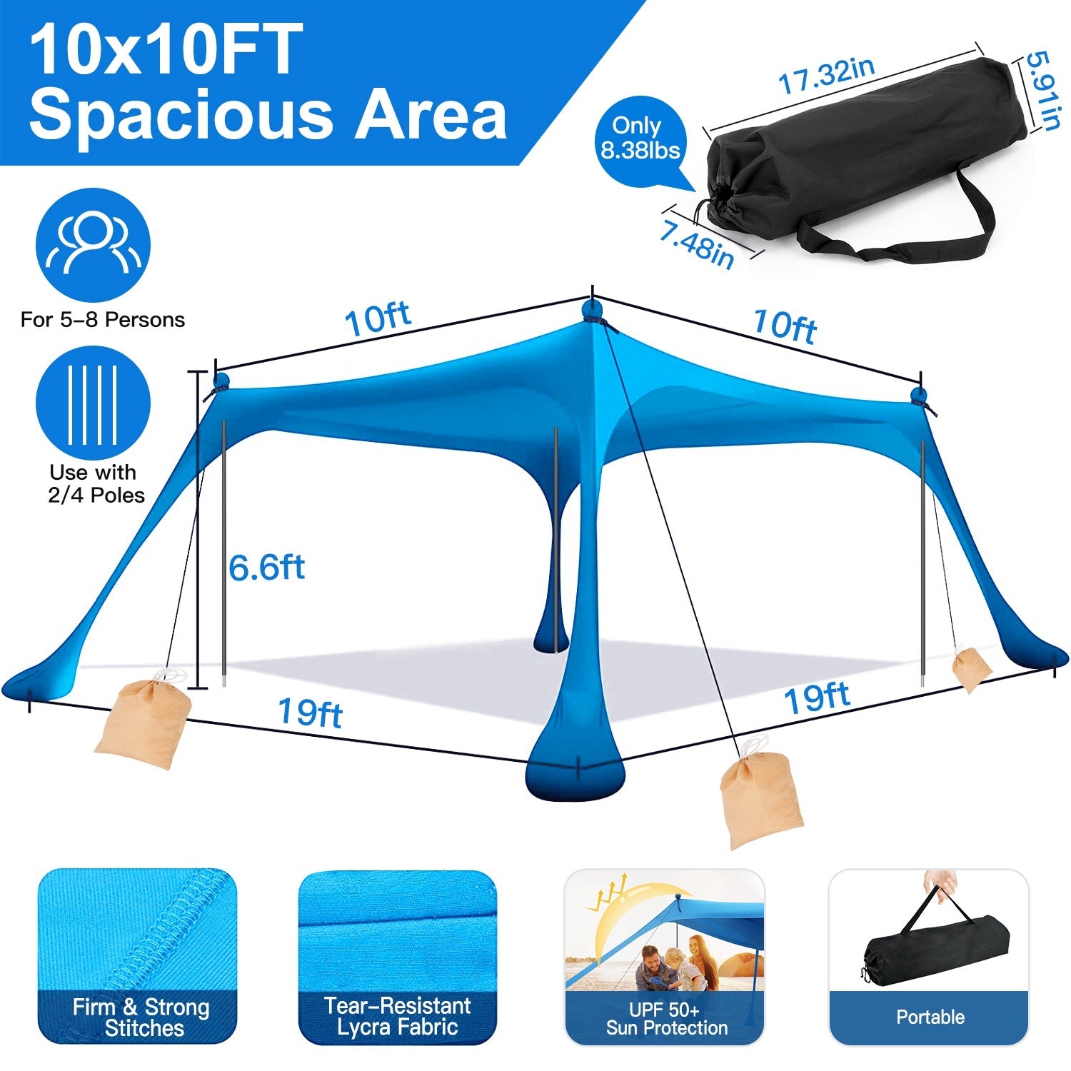 Oaken Sky Shores 10x10x6.6ft Beach Tent for 5-8 People
Spacious 10x10x6.6ft beach tent with UPF50+ protection. Includes sandbags, foldable poles, and carry bag. Perfect for camping, fishing, or picnics.