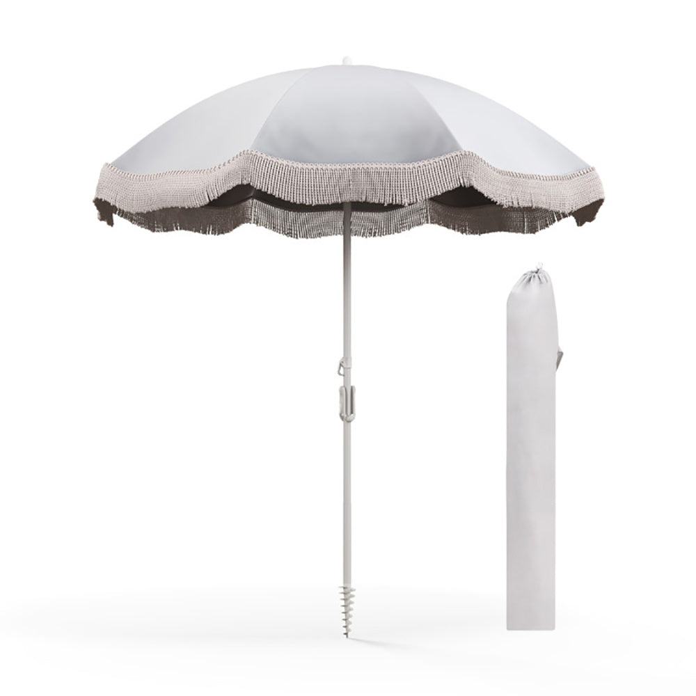 Oaken Sky Shores 6.5' Fringed Beach Umbrella
Portable 6.5' beach umbrella with UV-resistant canopy, tassel fringe, and push-button tilt. Easy to set up for beach trips, includes carry bag.