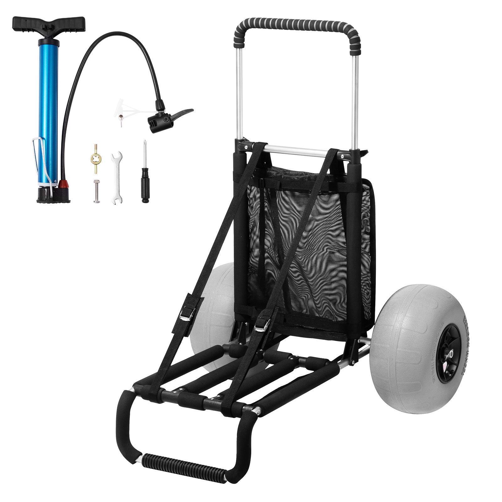 Oaken Sky Shores presents the VEVOR Beach Cart: Haul up to 165 lbs with ease on sand! This folding cart boasts a roomy deck, TPU balloon wheels, and adjustable height in durable aviation aluminum. Perfect for picnics, fishing, or beach trips.