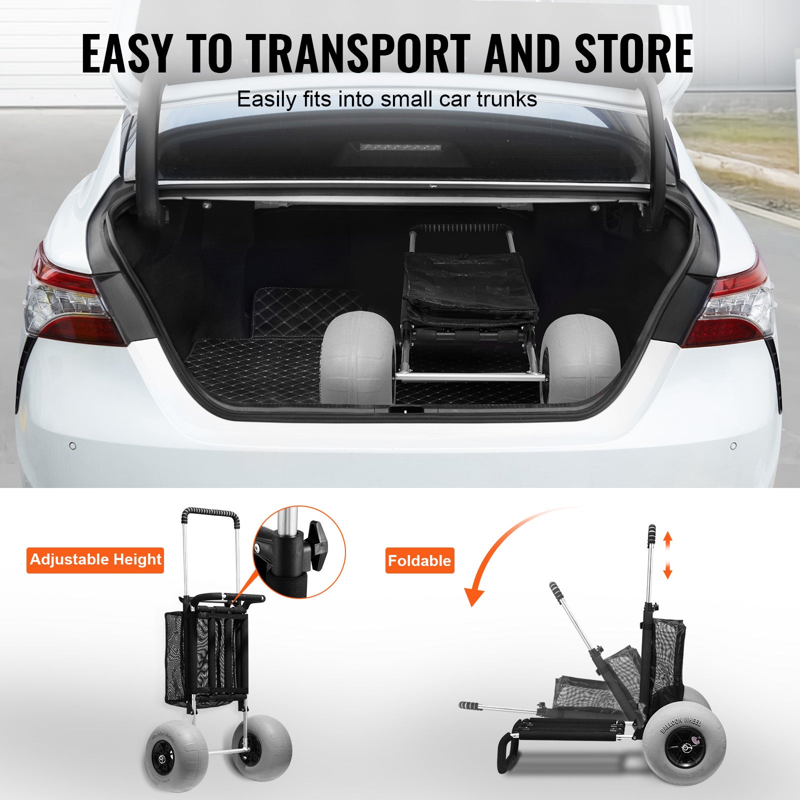 Oaken Sky Shores presents the VEVOR Beach Cart: Haul up to 165 lbs with ease on sand! This folding cart boasts a roomy deck, TPU balloon wheels, and adjustable height in durable aviation aluminum. Perfect for picnics, fishing, or beach trips.