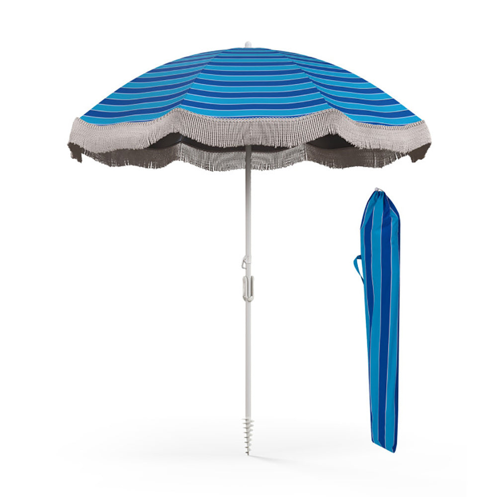 Oaken Sky Shores 6.5' Fringed Beach Umbrella
Portable 6.5' beach umbrella with UV-resistant canopy, tassel fringe, and push-button tilt. Easy to set up for beach trips, includes carry bag.